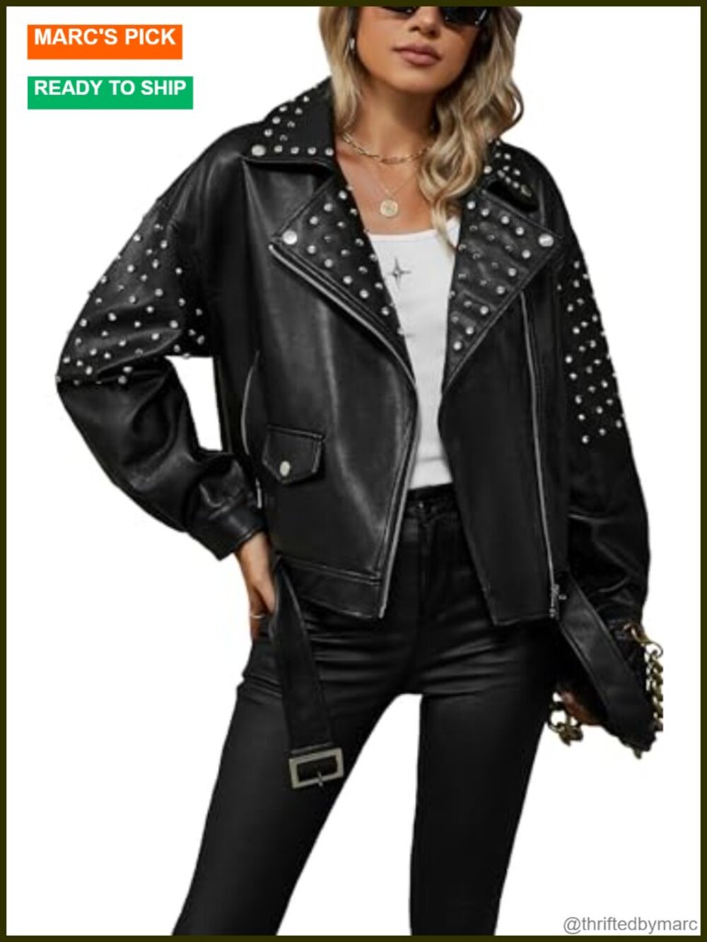 Women's Faux Leather Moto Jacket Studded Rivet Casual Biker Coat